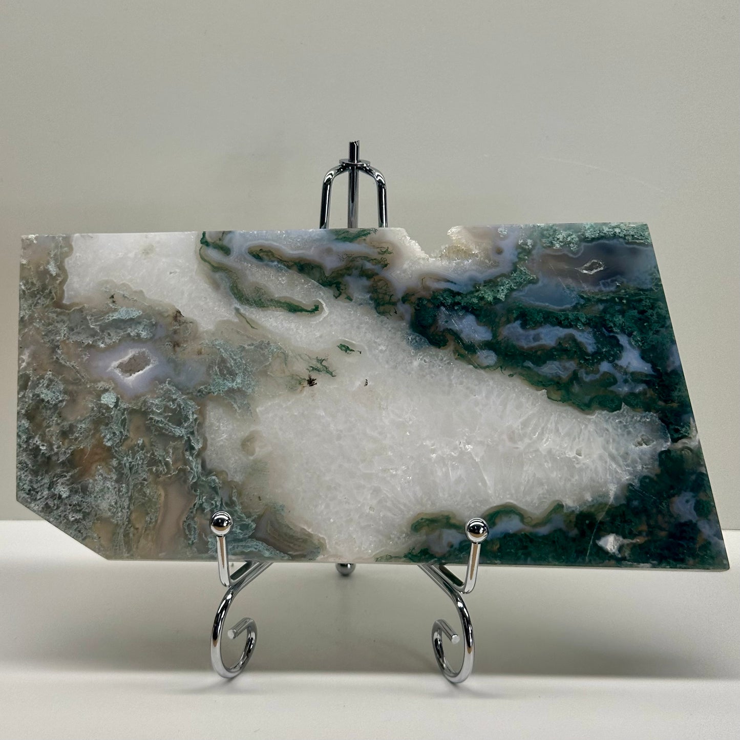 Moss Agate Slab On Stand