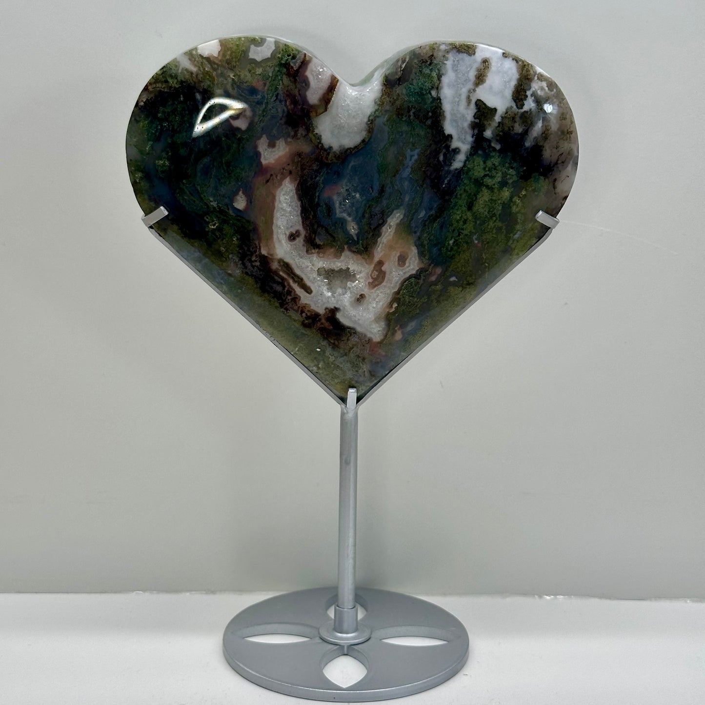 Moss Agate Heart On Stand