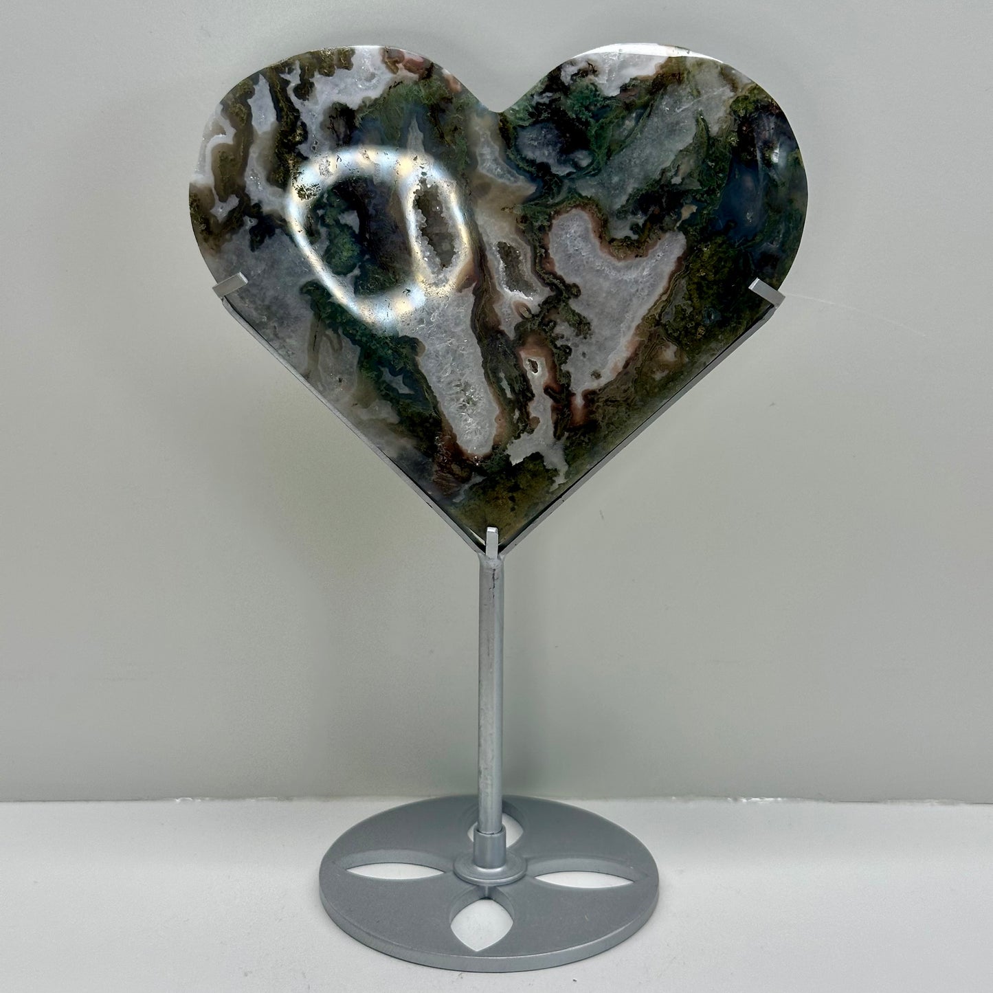 Moss Agate Heart On Stand