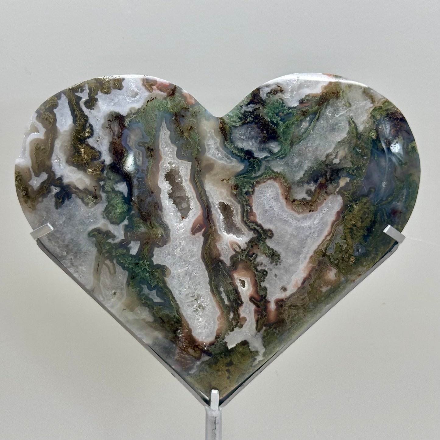 Moss Agate Heart On Stand