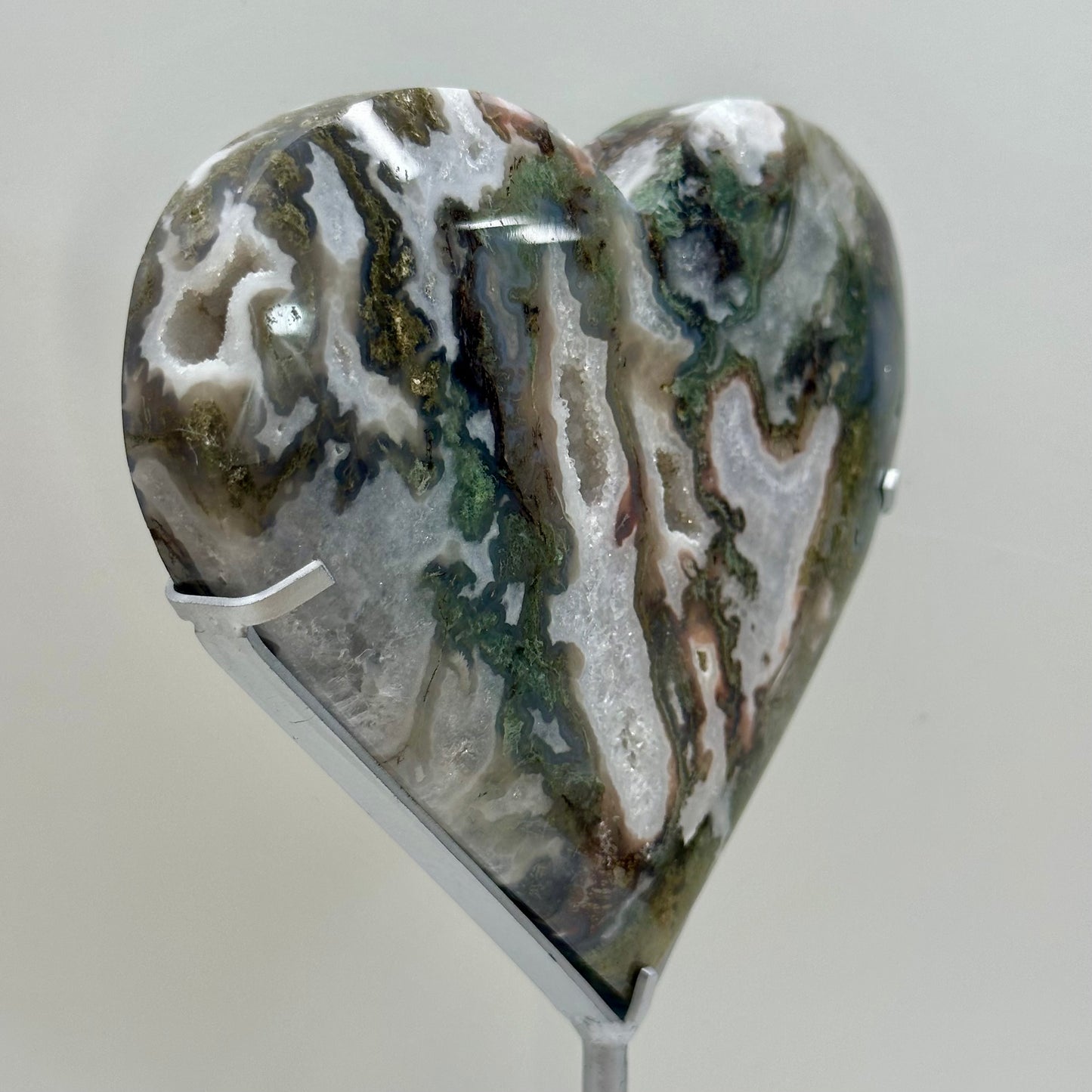 Moss Agate Heart On Stand