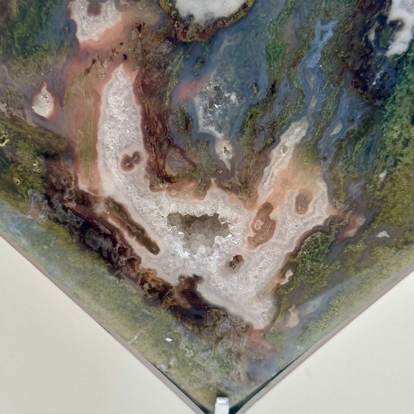 Moss Agate Heart On Stand