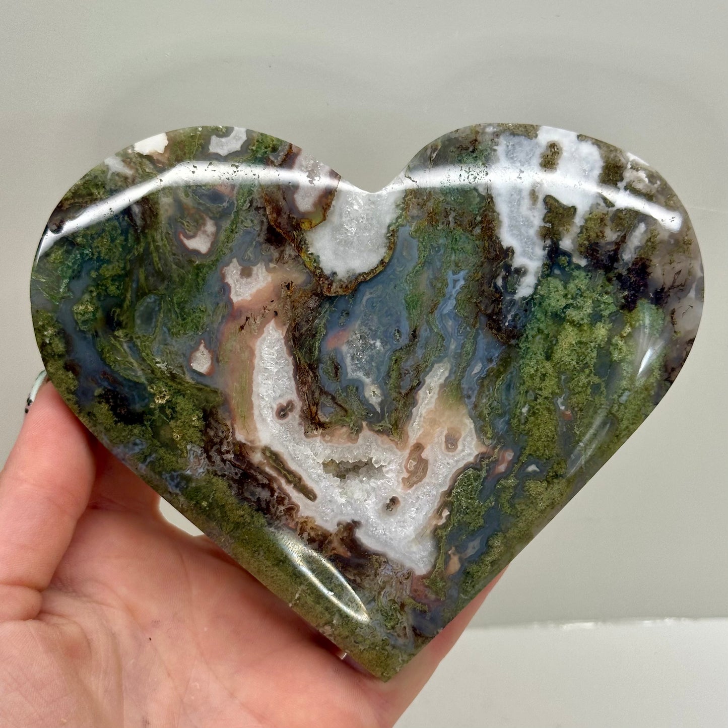 Moss Agate Heart On Stand
