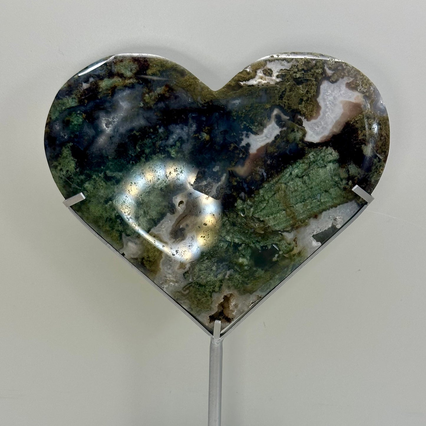 Moss Agate Heart On Stand