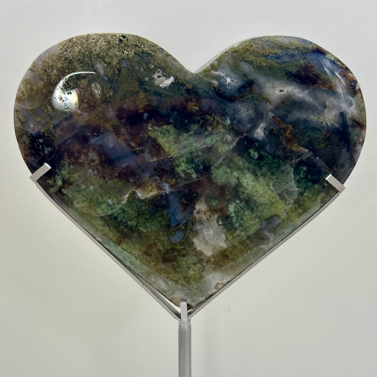 Moss Agate Heart On Stand