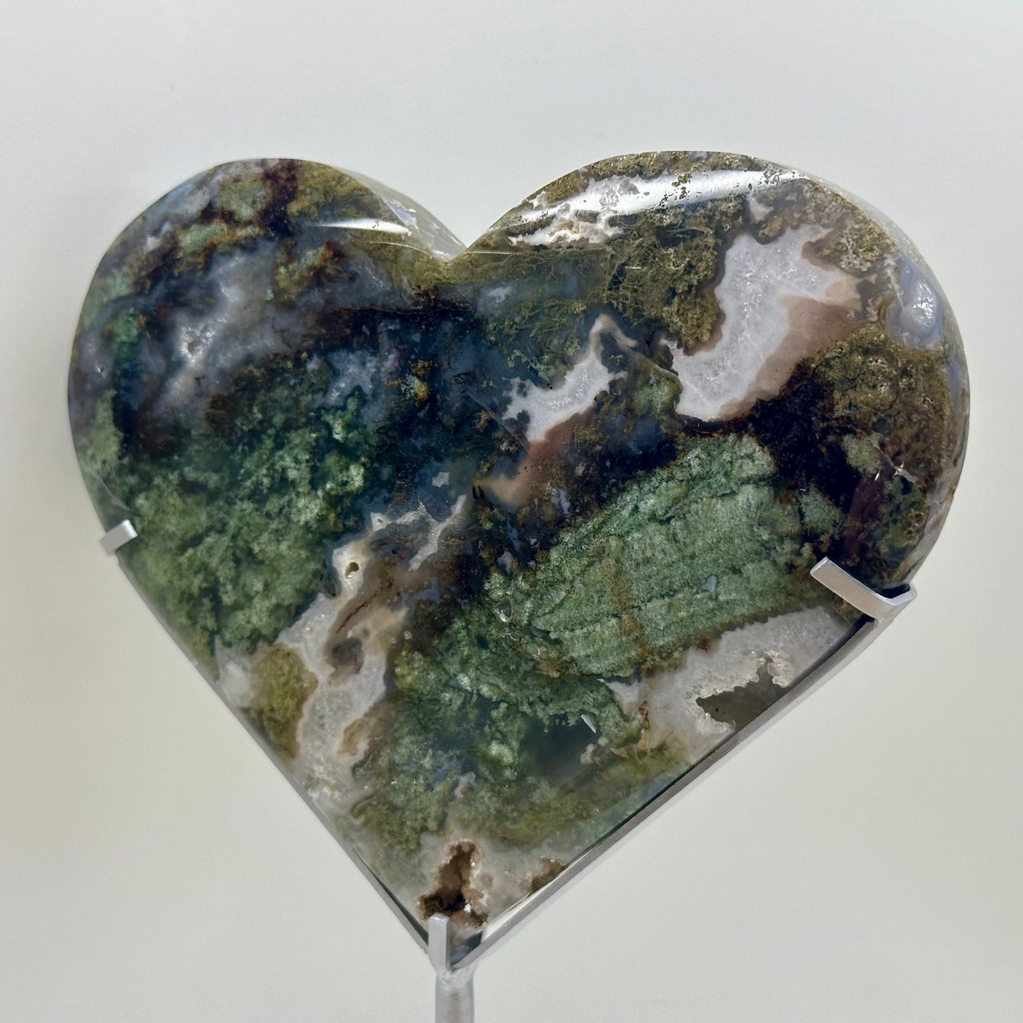Moss Agate Heart On Stand