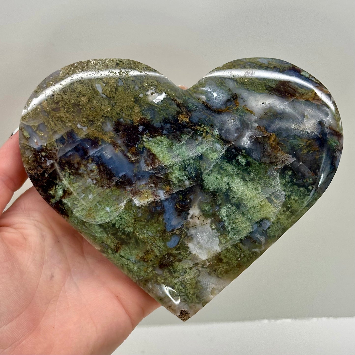 Moss Agate Heart On Stand