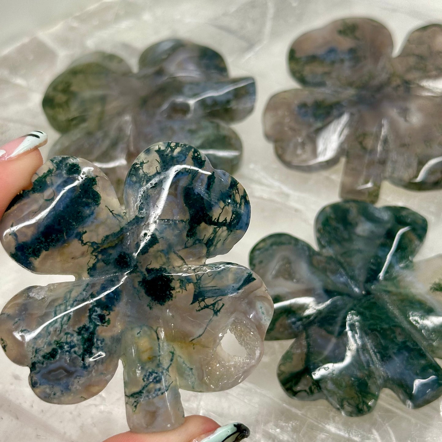 Moss Agate Clover Carvings