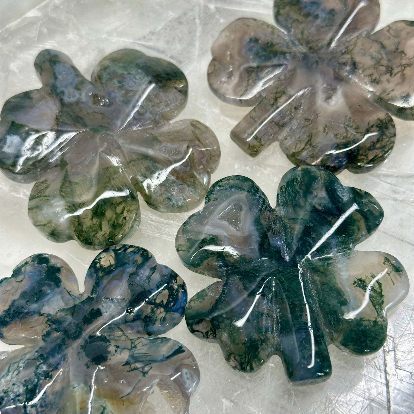Moss Agate Clover Carvings