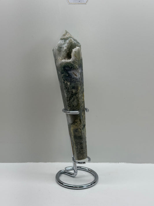 Moss Agate Wand On Stand