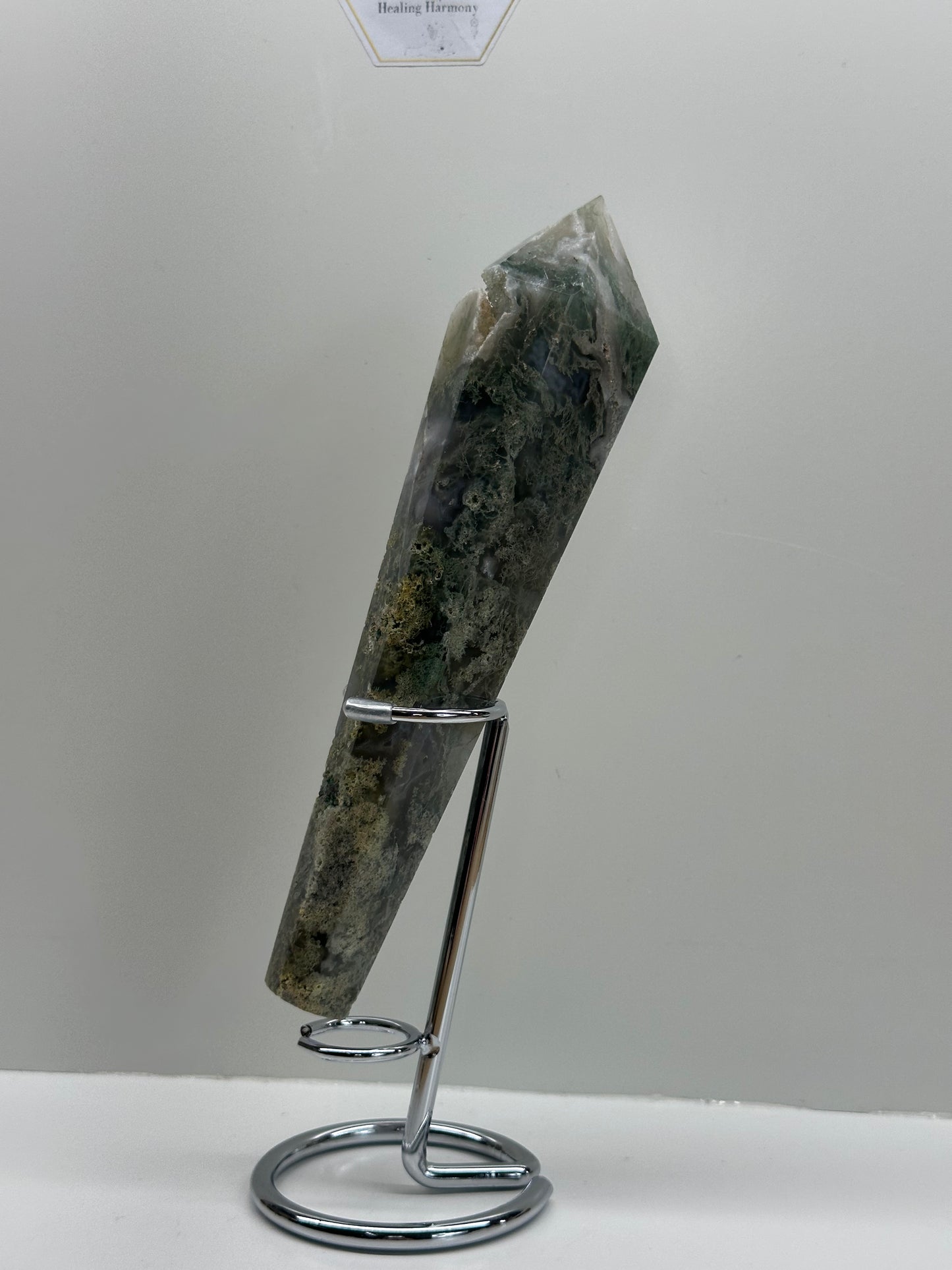 Moss Agate Wand On Stand