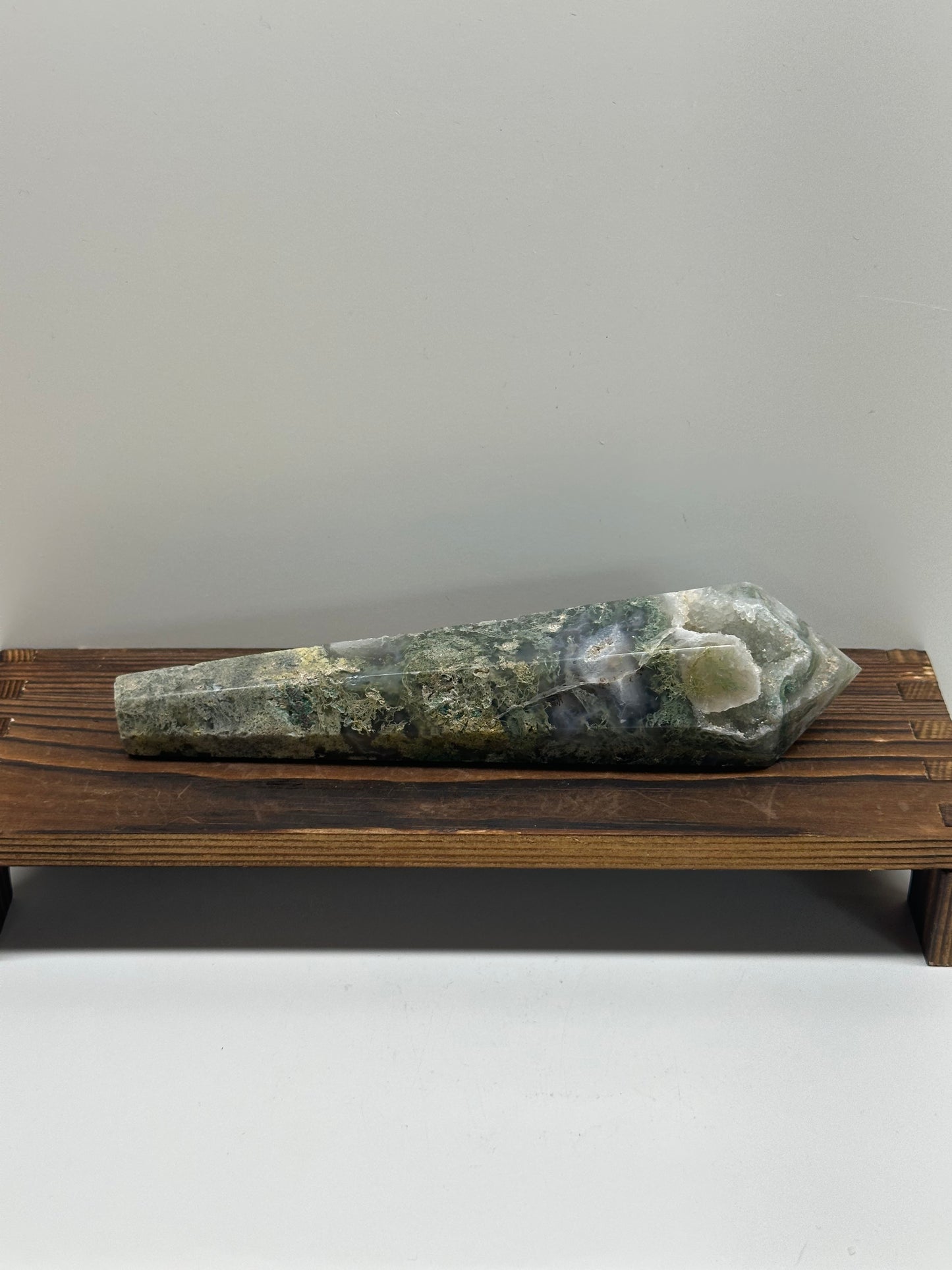 Moss Agate Wand On Stand
