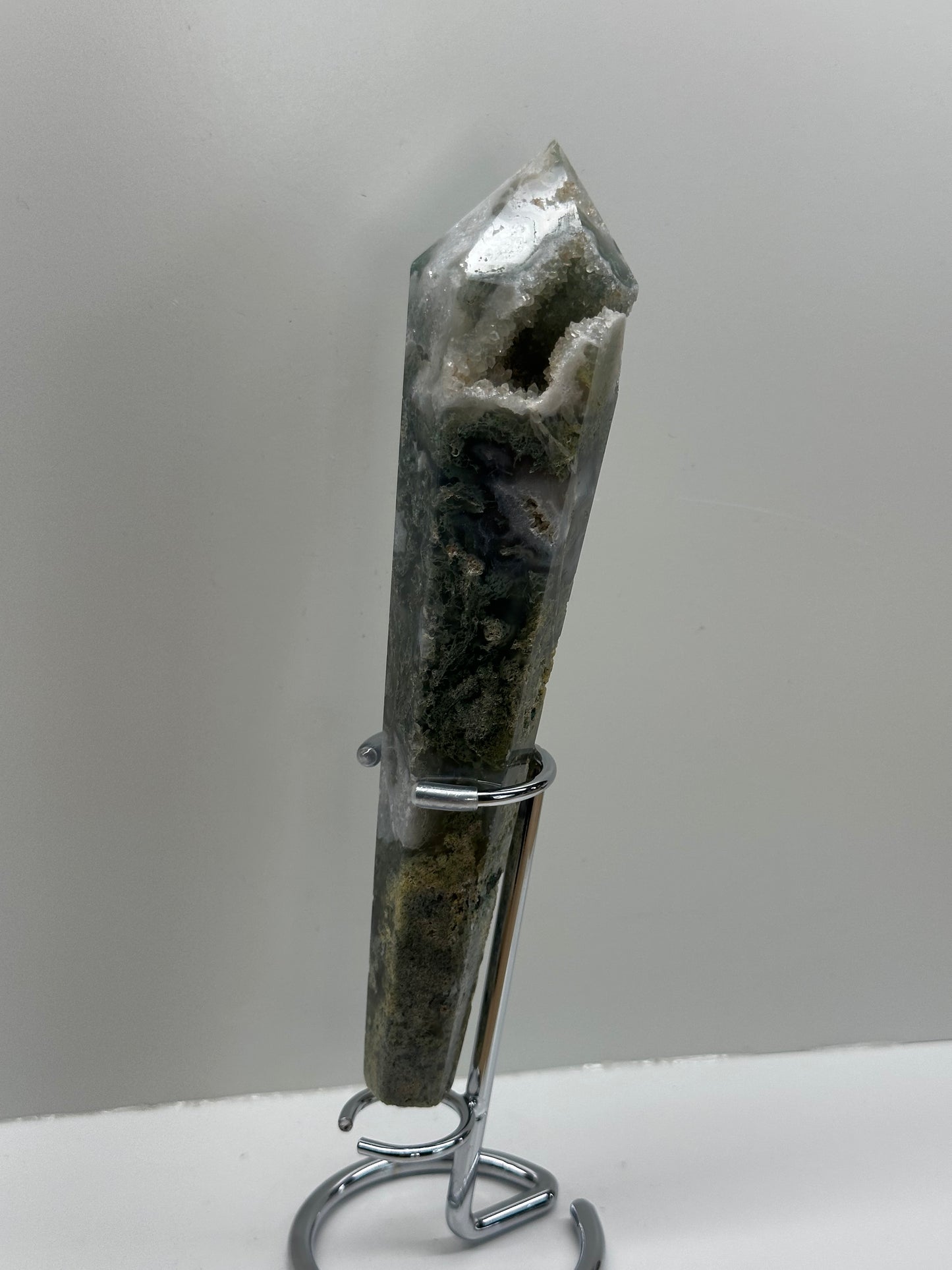 Moss Agate Wand On Stand