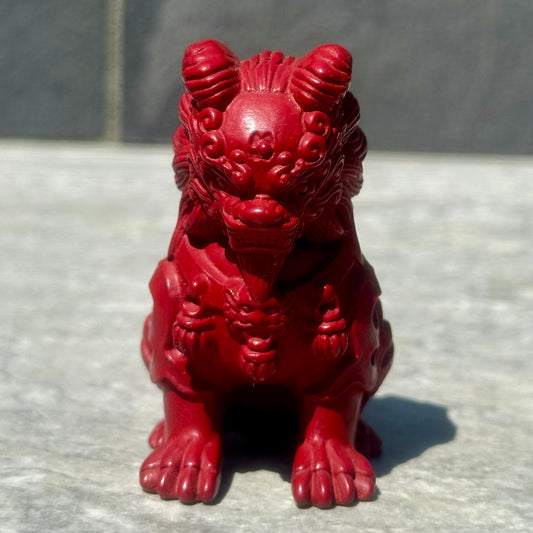 Cinnabar Chinese Guardian Lion Carving