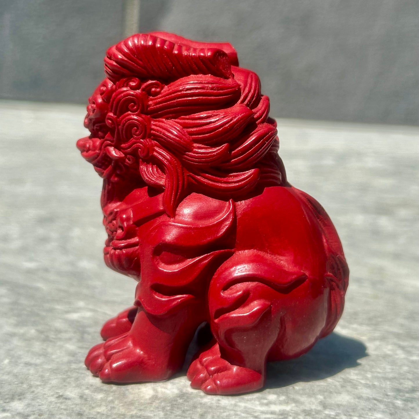 Cinnabar Chinese Guardian Lion Carving