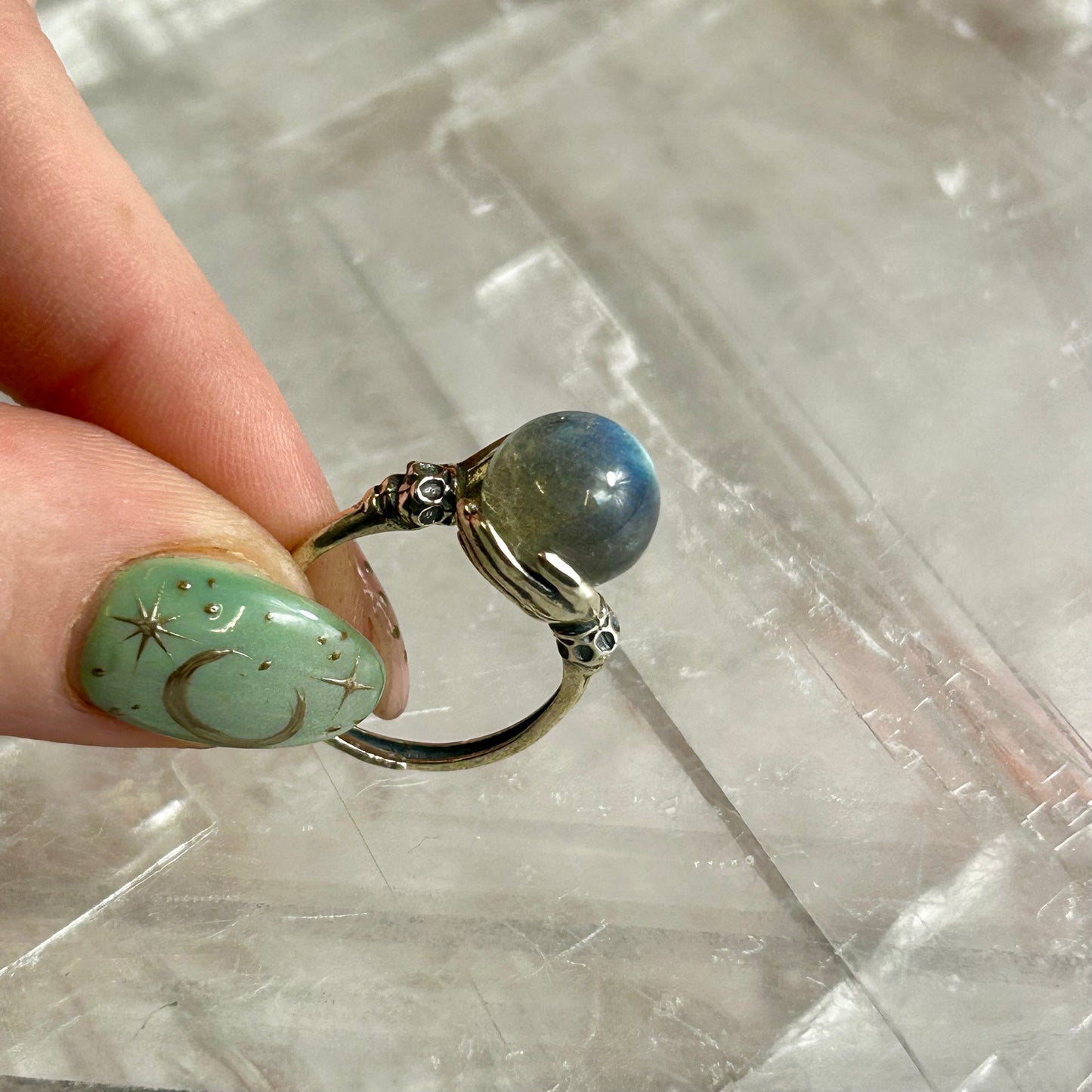 925 Silver Adjustable Hand's Holding Sphere Ring