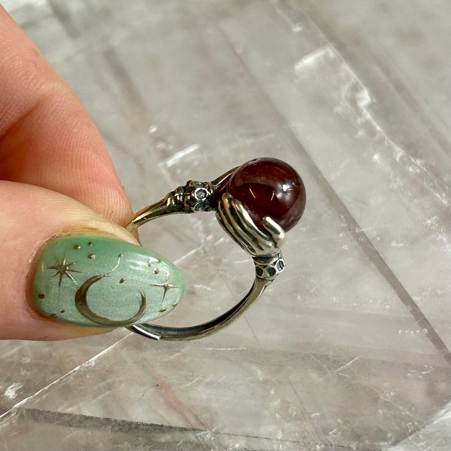 925 Silver Adjustable Hand's Holding Sphere Ring