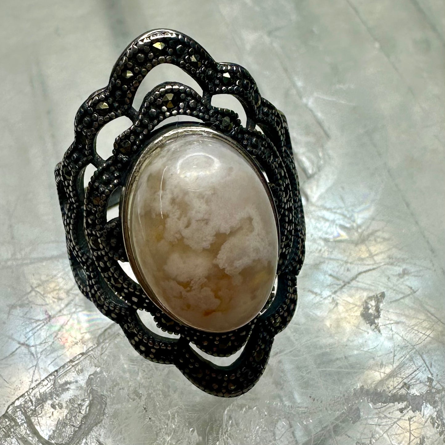 Flower Agate Adjustable Ring
