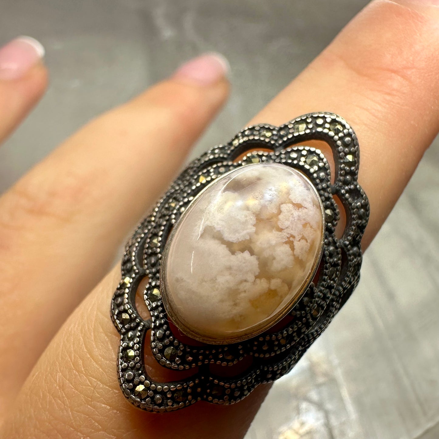 Flower Agate Adjustable Ring