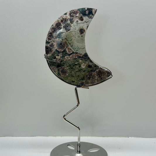 Green Flower Agate Moon On Stand