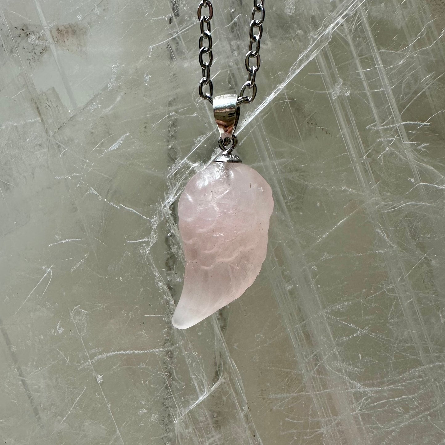 925 Rose Quartz Wing Carving Pendant