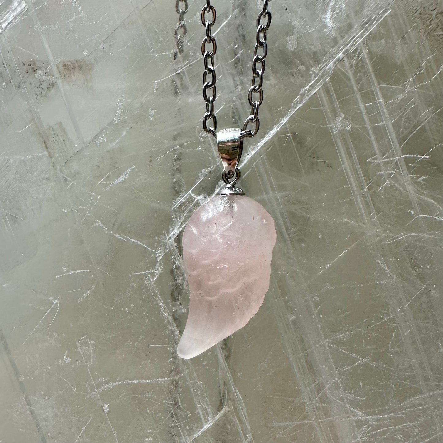 925 Rose Quartz Wing Carving Pendant