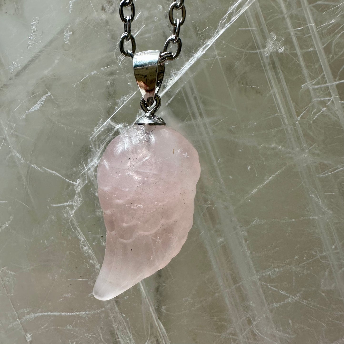 925 Rose Quartz Wing Carving Pendant