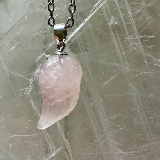 925 Rose Quartz Wing Carving Pendant