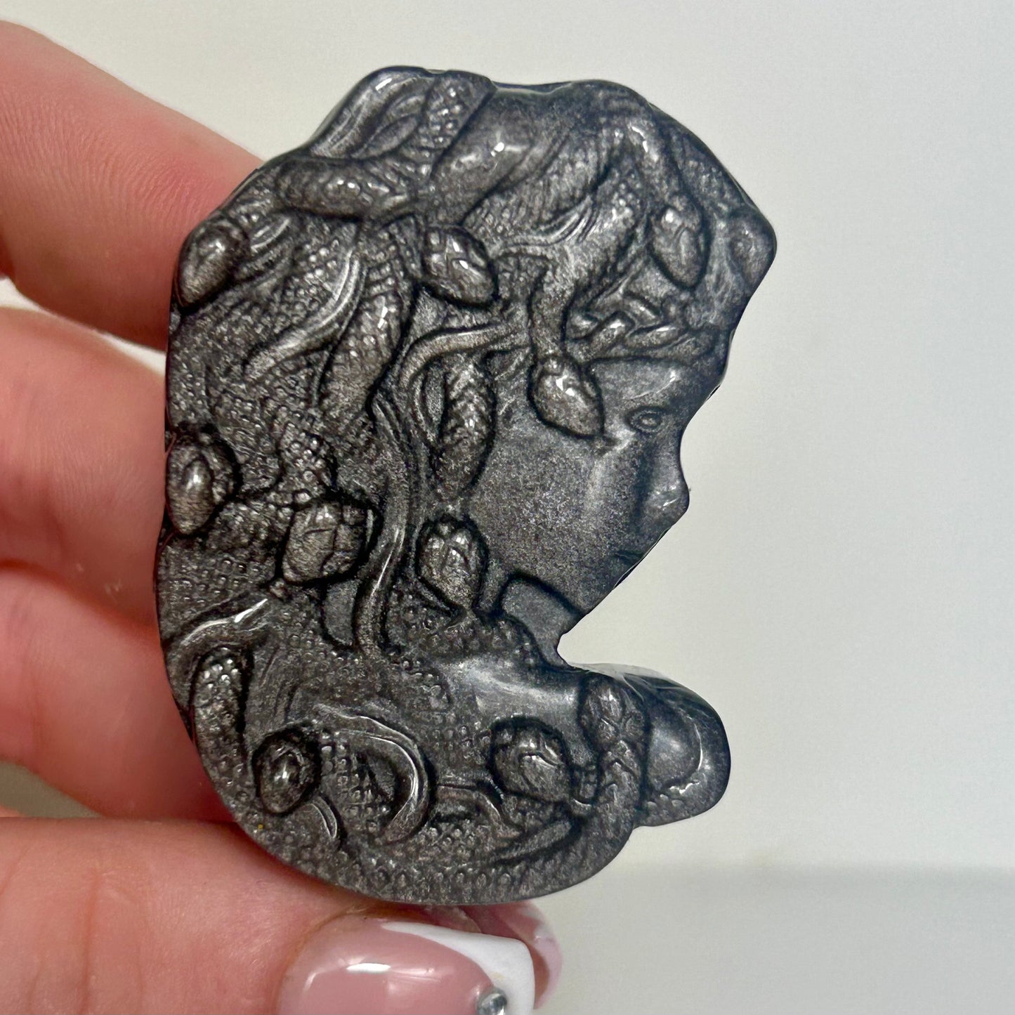 Silver Sheen Obsidian Medusa Head Carvings