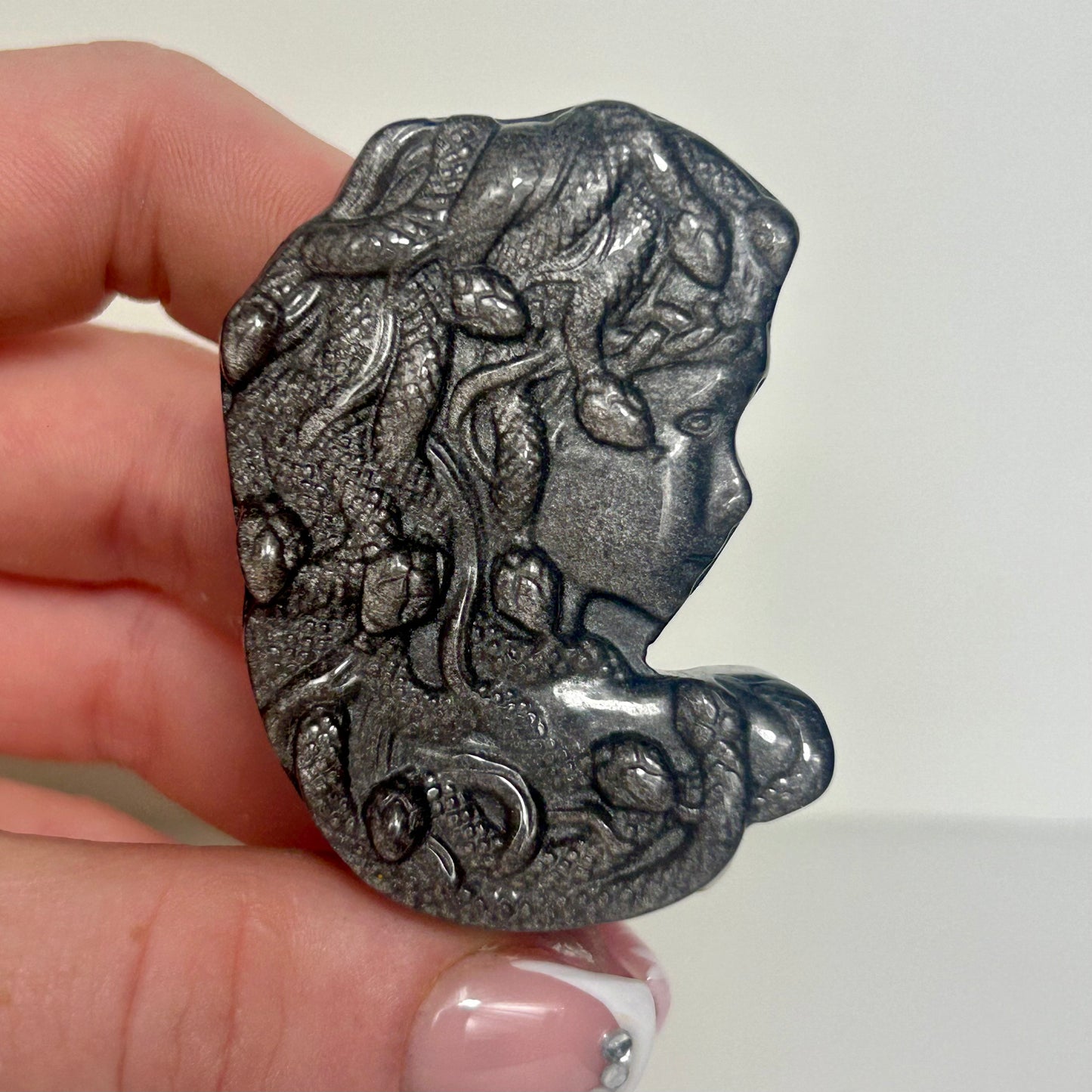Silver Sheen Obsidian Medusa Head Carvings