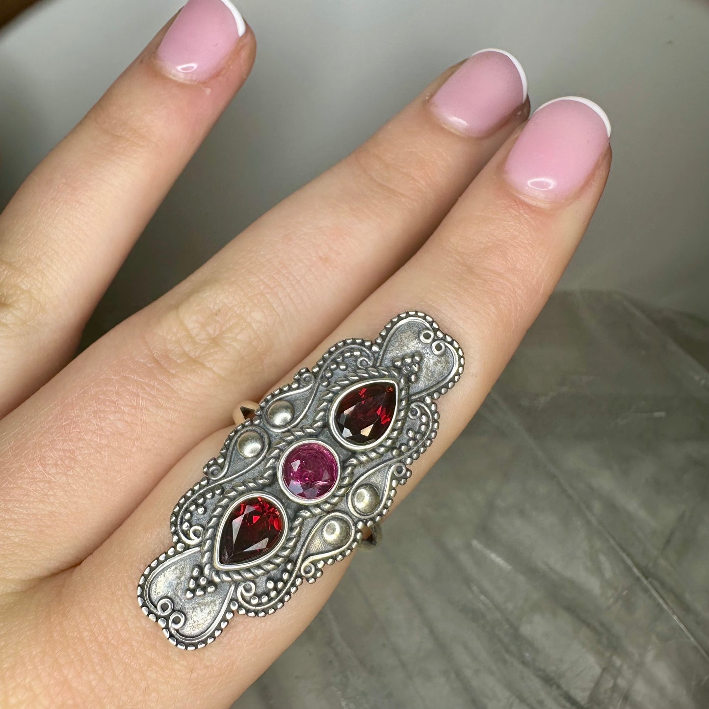 Garnet & Pink Topaz Adjustable Ring