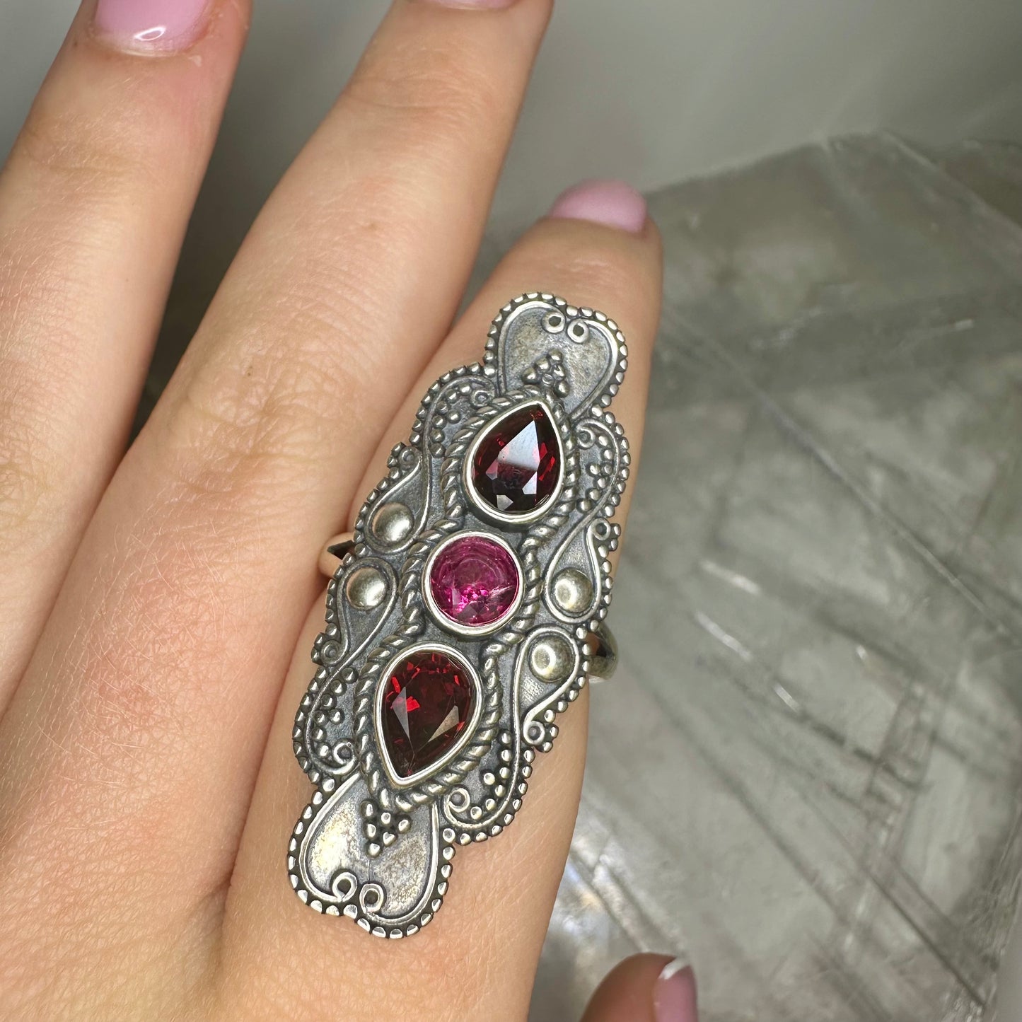 Garnet & Pink Topaz Adjustable Ring