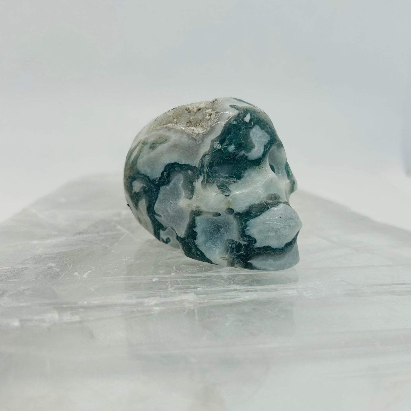 Moss Agate Crystal Skull