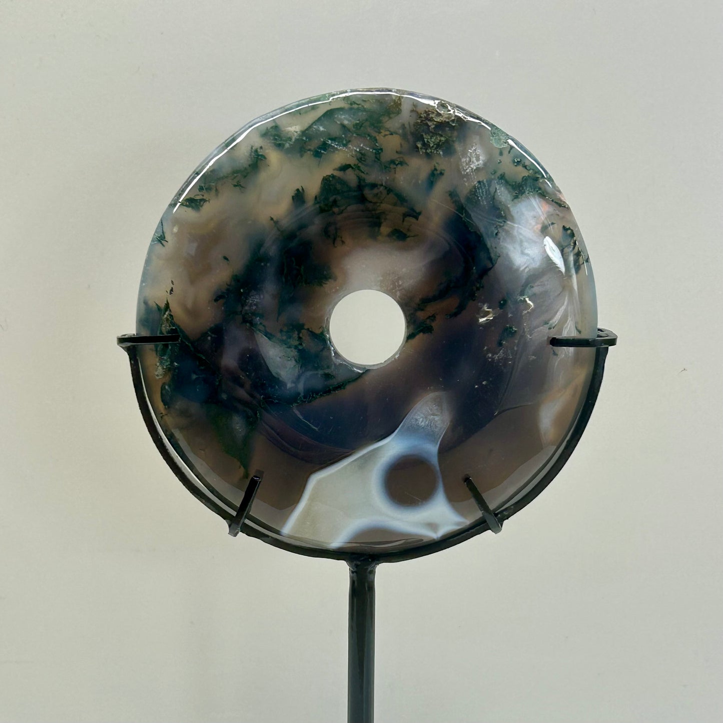 Moss Agate Donut On Stand