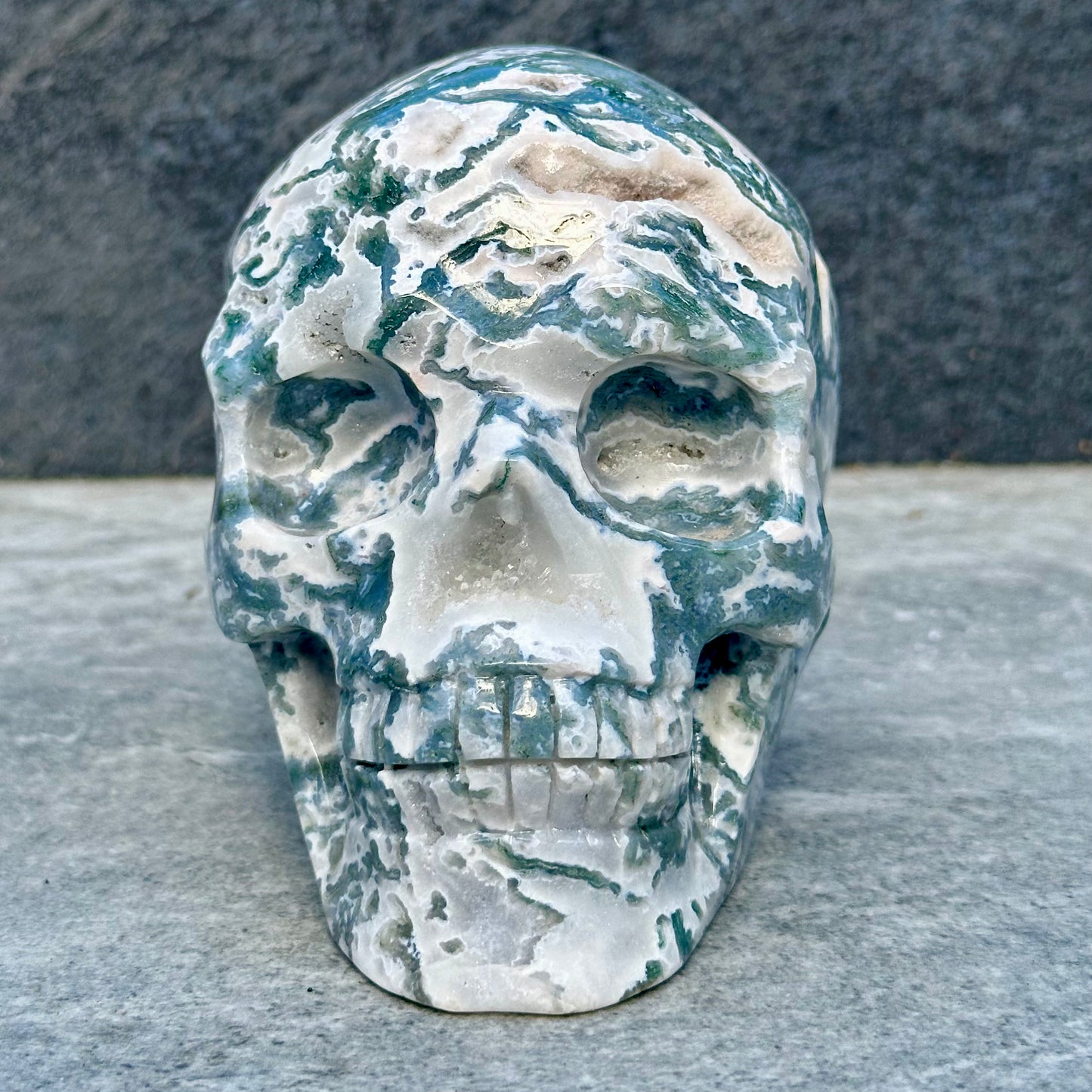 High Grade Moss Agate Skull Craving
