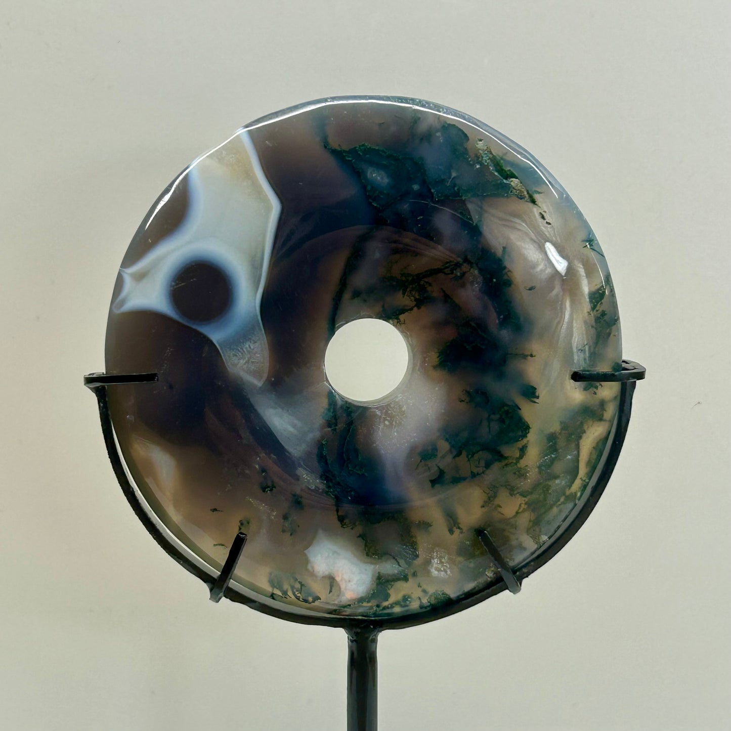 Moss Agate Donut On Stand