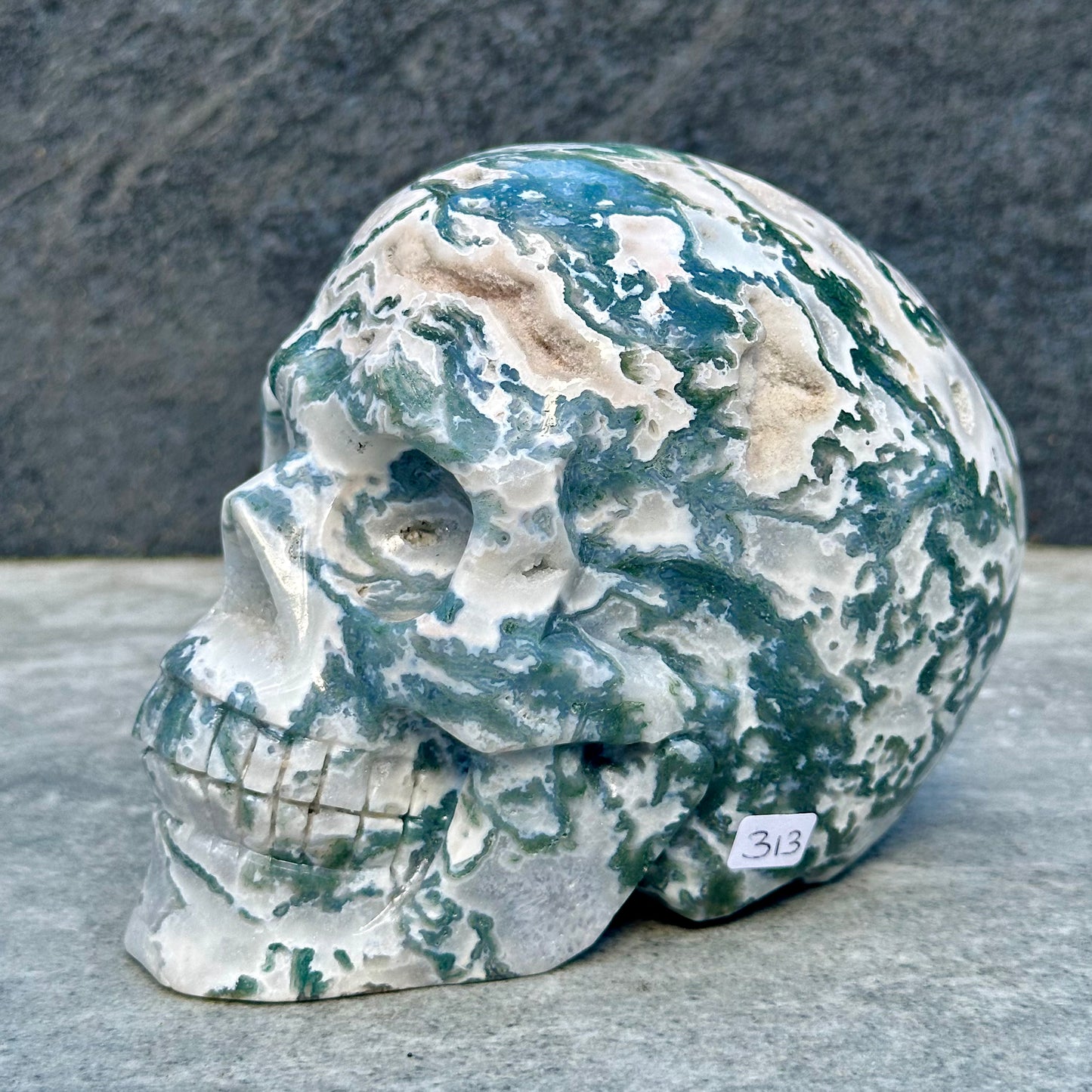 High Grade Moss Agate Skull Craving