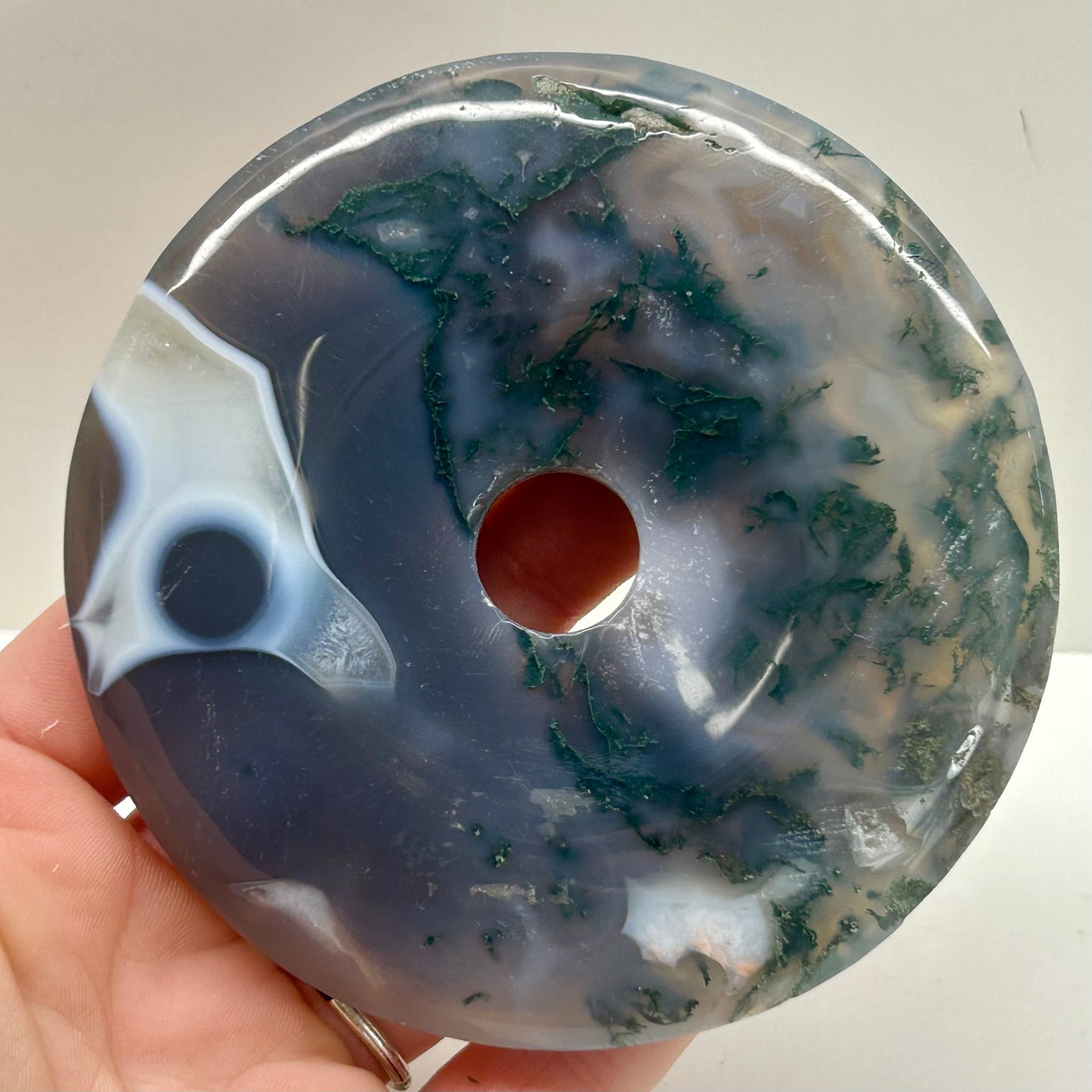 Moss Agate Donut On Stand