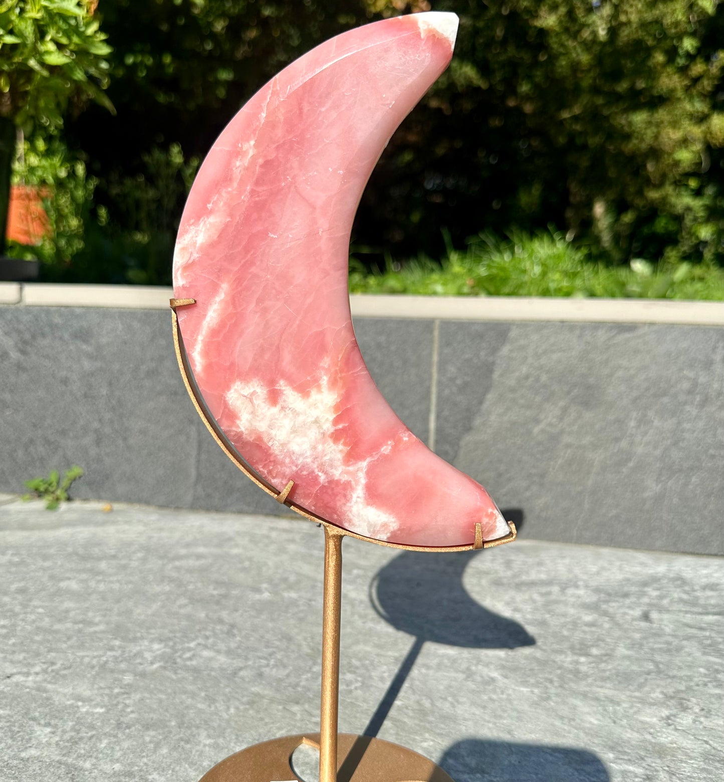 Pink Opal Moon Carving On Stand