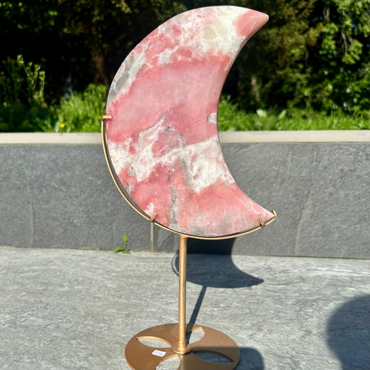Pink Opal Moon Carving On Stand
