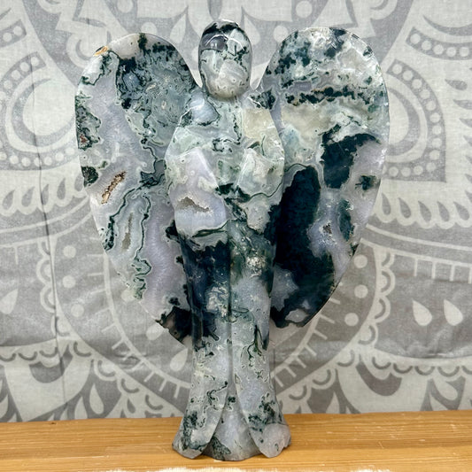 High Grade Moss Agate Angel Carving