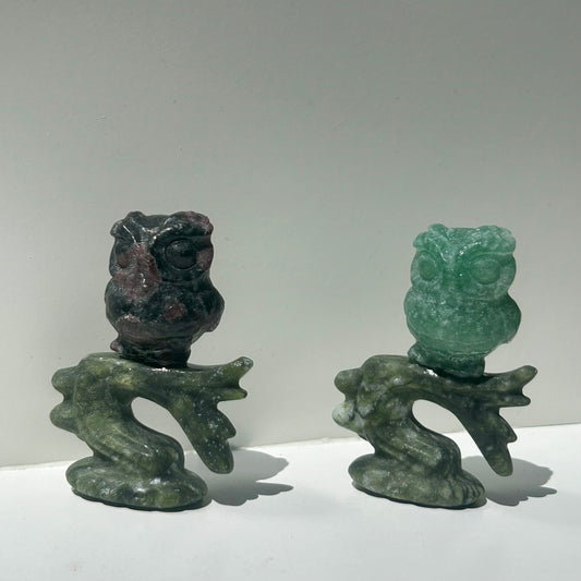 Fluorite & Garnet Owl Carving