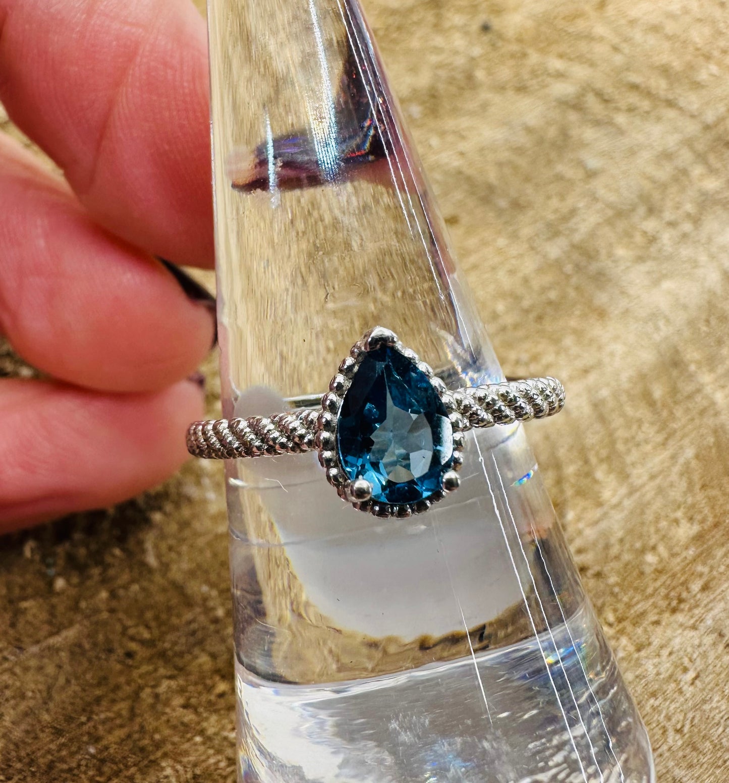 925 Blue Topaz Tear Drop Ring Adjustable