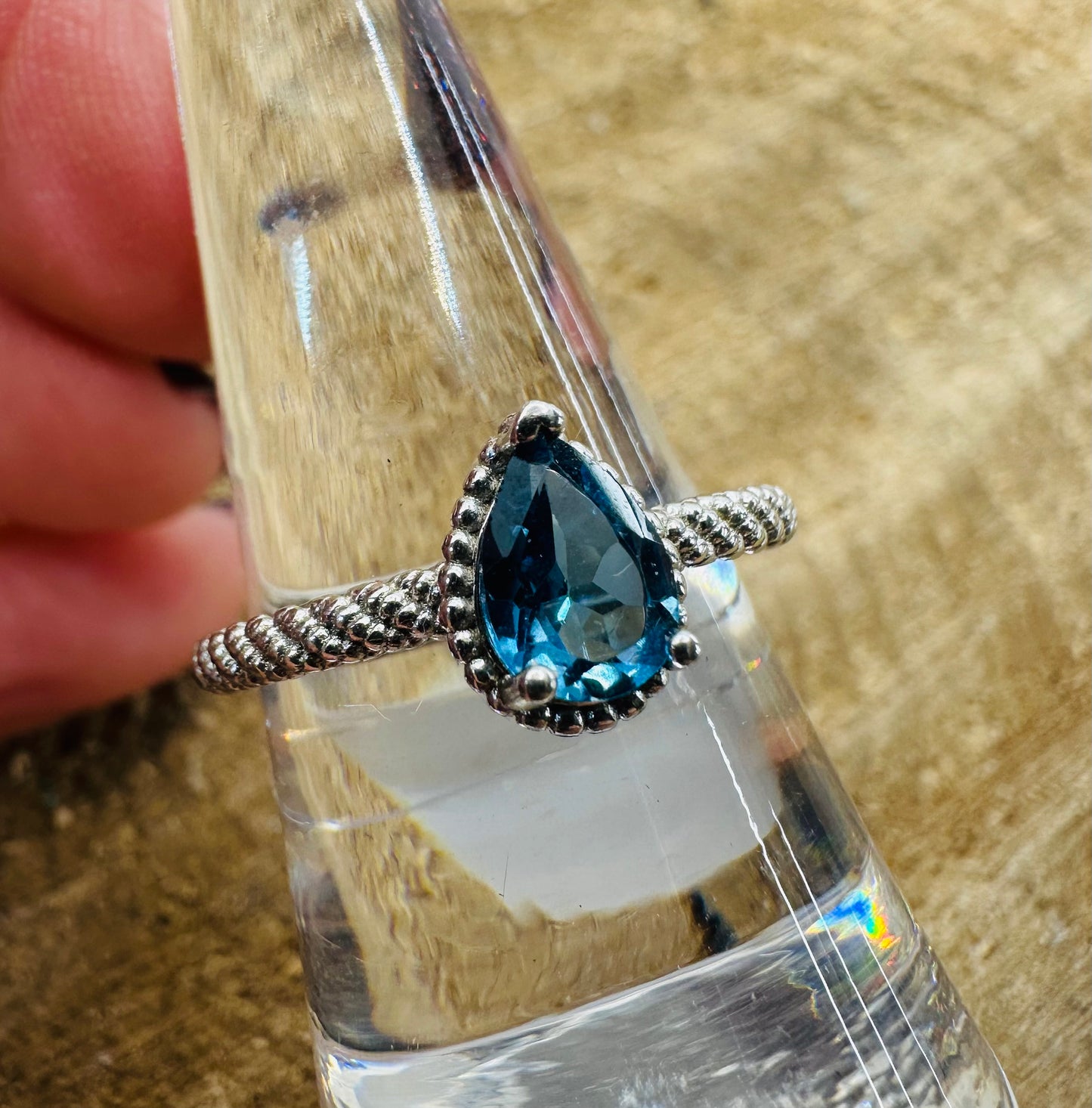 925 Blue Topaz Tear Drop Ring Adjustable