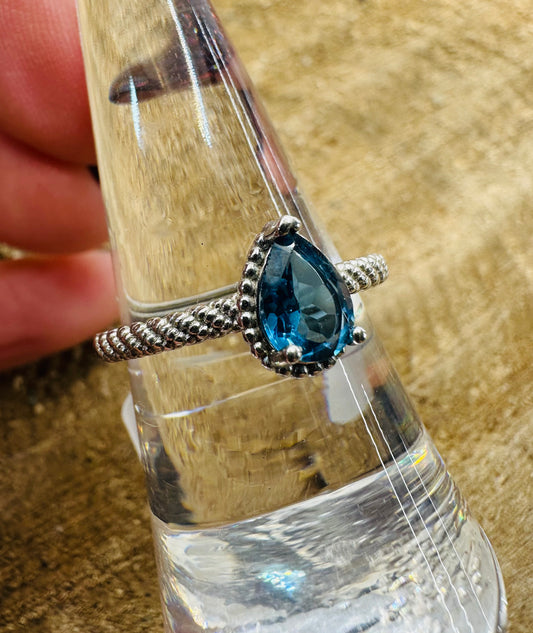 925 Blue Topaz Tear Drop Ring Adjustable