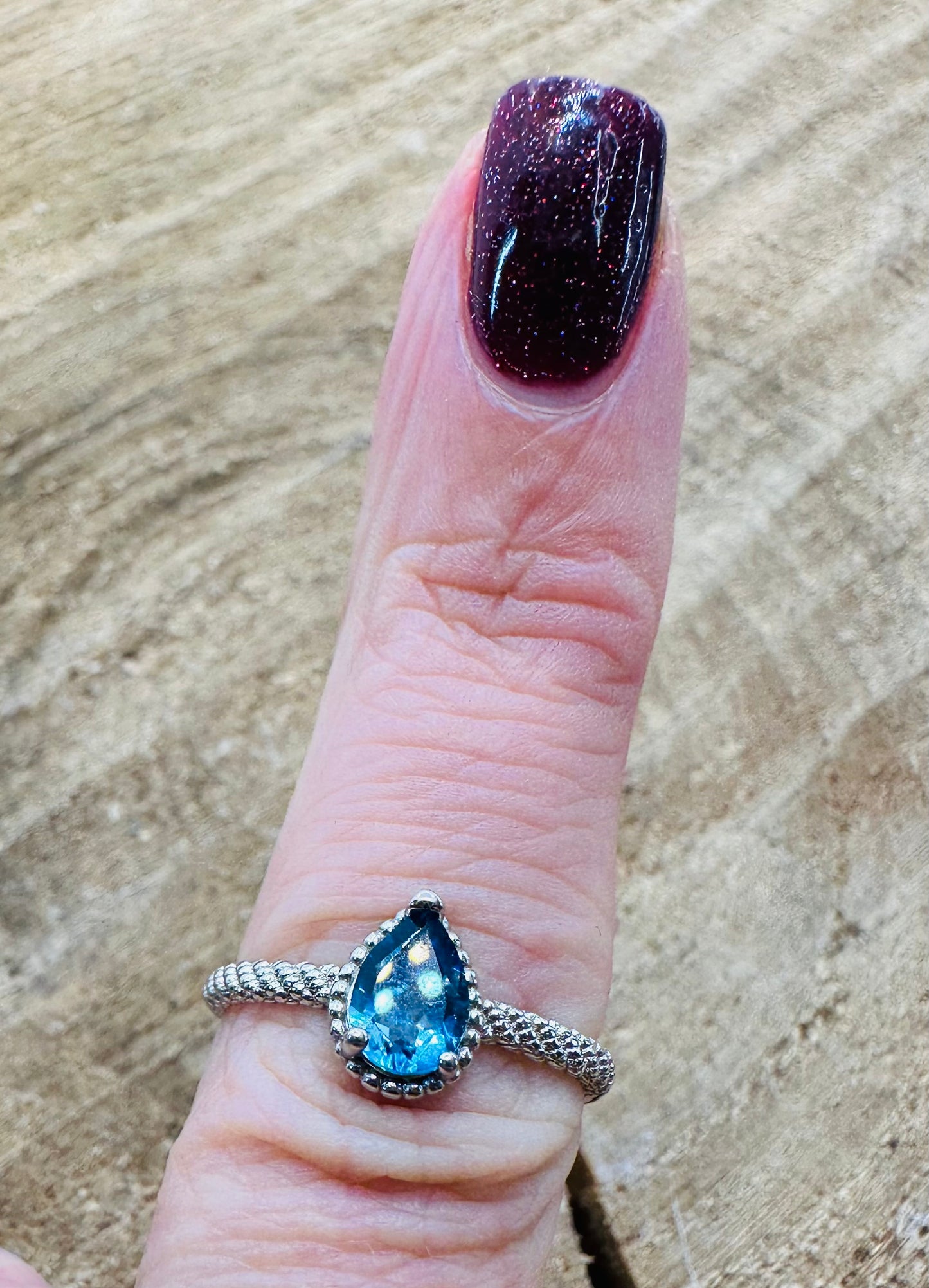 925 Blue Topaz Tear Drop Ring Adjustable