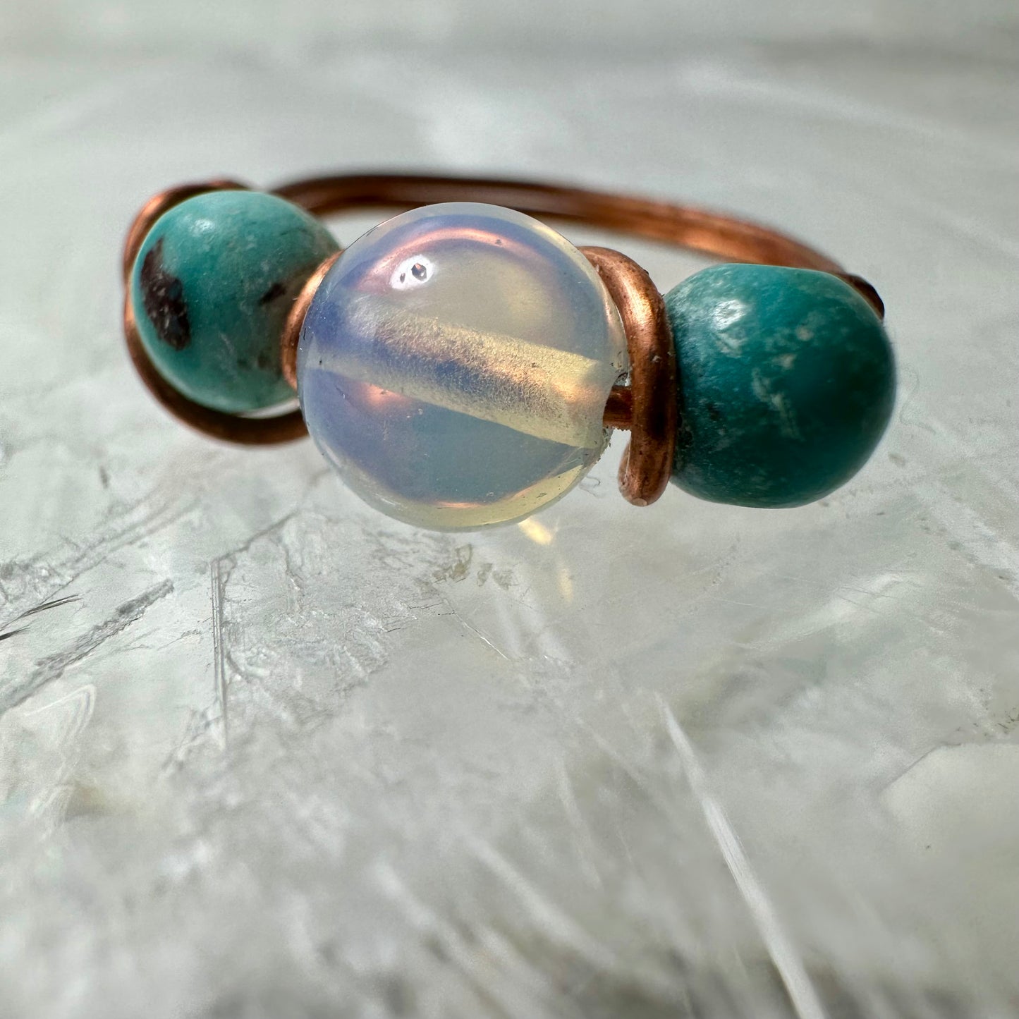Apophyllite/Turquoise And Copper Ring Size S