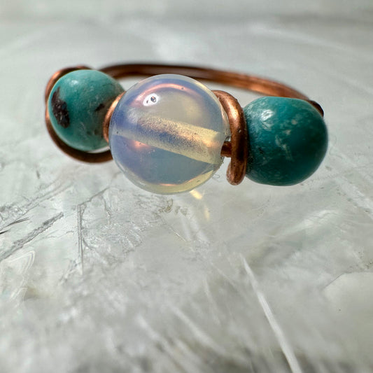 Apophyllite/Turquoise And Copper Ring Size S