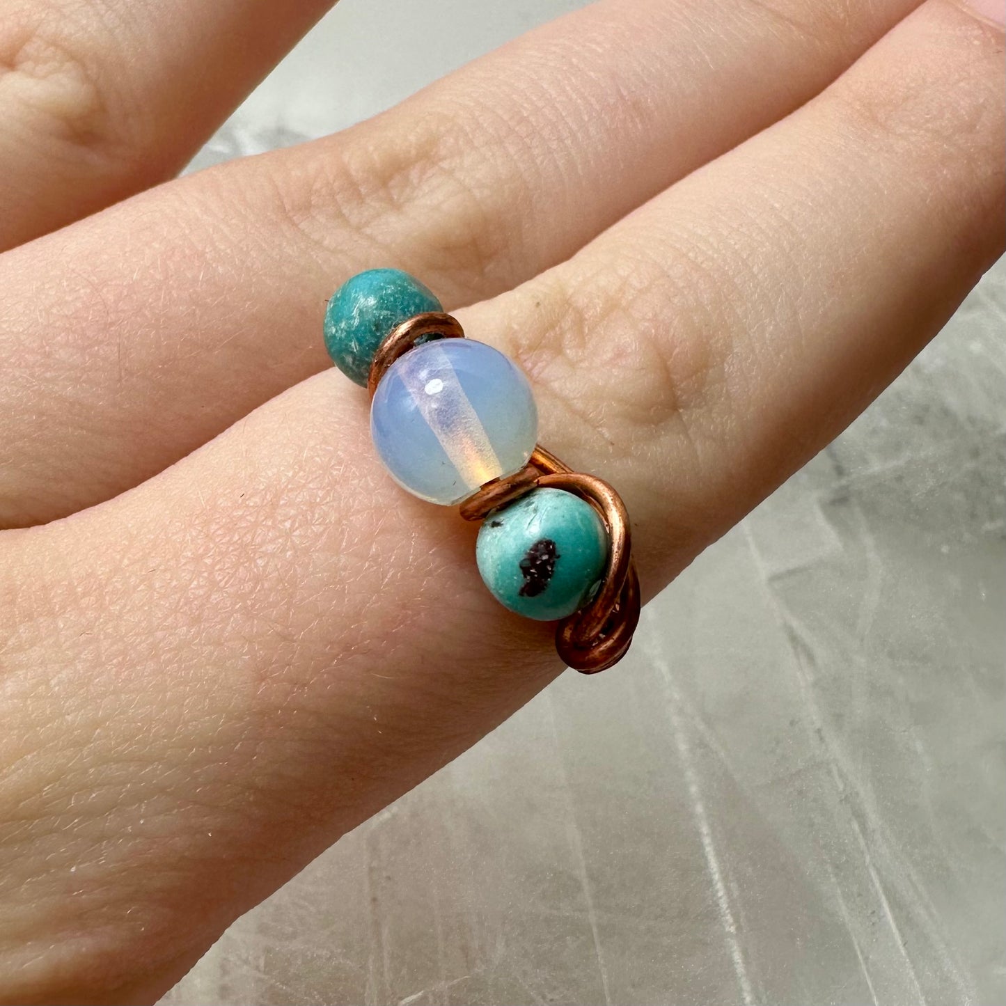 Apophyllite/Turquoise And Copper Ring Size S